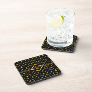 FAUX Gold Geometric Pattern with Monogram on BLACK Coaster