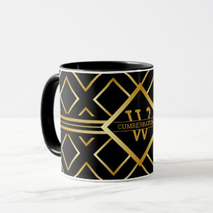 FAUX Gold Geometric Pattern with Monogram on BLACK Mug