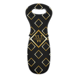 FAUX Gold Geometric Pattern with Monogram on BLACK Wine Bag
