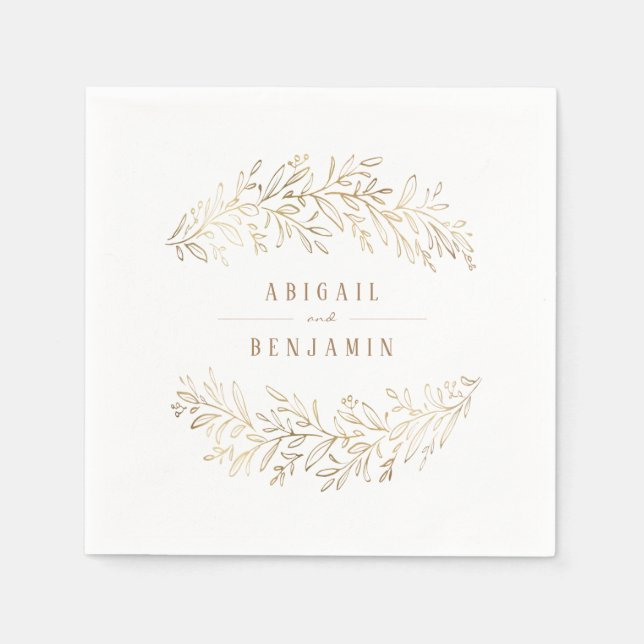 Faux gold gilded botanical foliage elegant wedding napkin (Front)