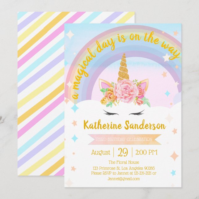 Faux Gold Girls Magical Unicorn Rainbow Birthday Invitation (Front/Back)
