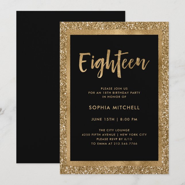 Faux Gold Glitter | 18th Birthday Party Invitation (Front/Back)