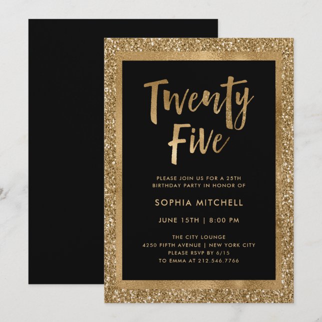Faux Gold Glitter | 25th Birthday Party Invitation (Front/Back)