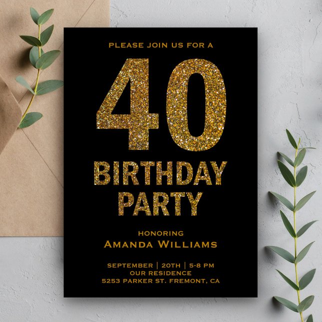 Faux Gold Glitter 40th Birthday Party Invitation (Creator Uploaded)