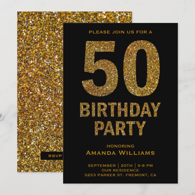 Faux Gold Glitter 50th Birthday Party Invitation (Front/Back)