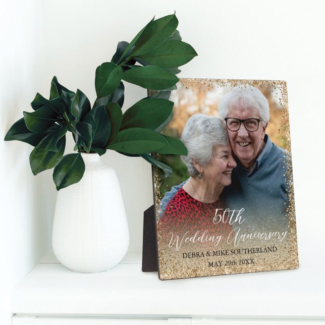 Faux Gold Glitter 50th Wedding Anniversary Photo Plaque (Creator Uploaded)