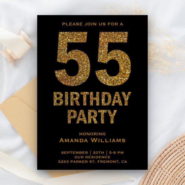 Faux Gold Glitter 55th Birthday Party Invitation (Creator Uploaded)