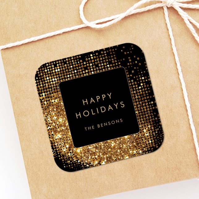 Faux Gold Glitter and Black Happy Holidays Square Sticker (Creator Uploaded)