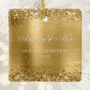 Faux Gold Glitter and Brushed Metal Foil Photo Ceramic Ornament