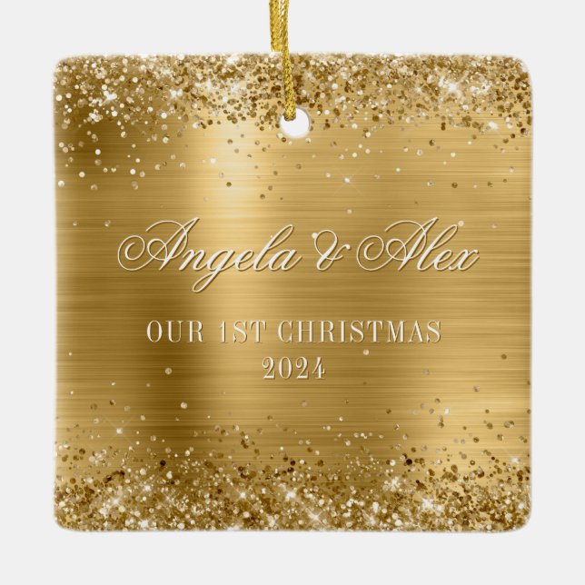 Faux Gold Glitter and Brushed Metal Foil Photo Ceramic Ornament (Front)