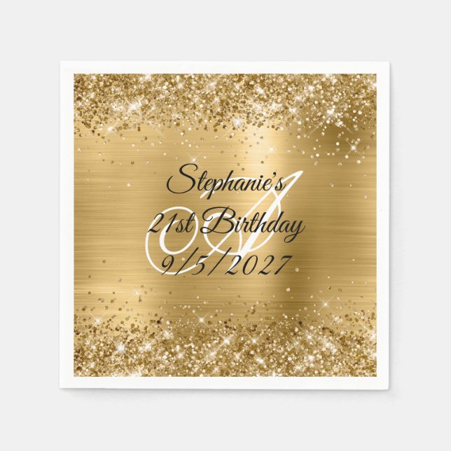 Faux Gold Glitter and Foil 21st Birthday Napkin (Front)