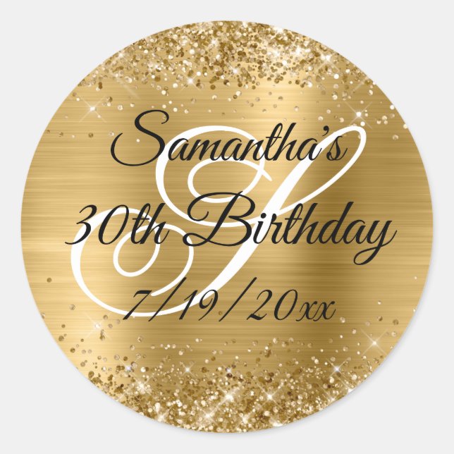 Faux Gold Glitter and Foil 30th Birthday Classic Round Sticker (Front)
