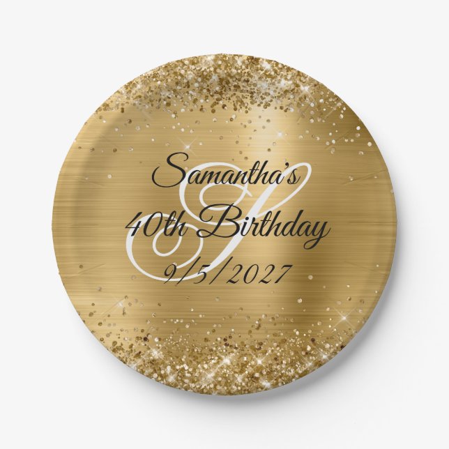 Faux Gold Glitter and Foil 40th Birthday Paper Plate (Front)