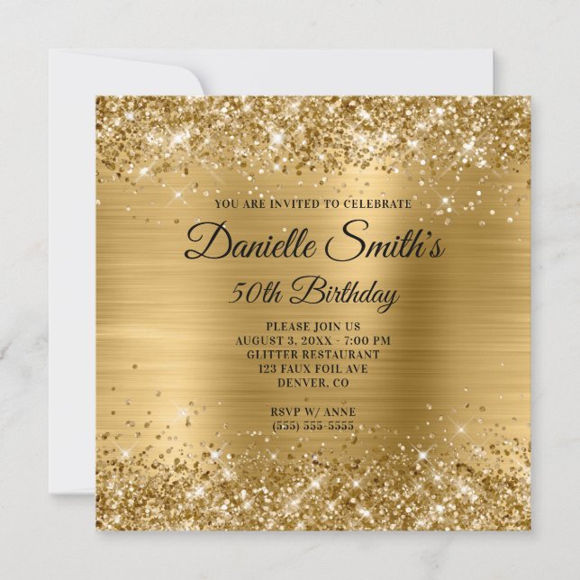Faux Gold Glitter and Foil 50th Birthday Invitation (Front)