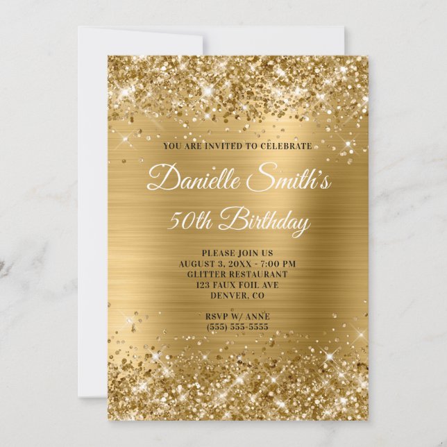 Faux Gold Glitter and Foil 50th Birthday Invitation (Front)