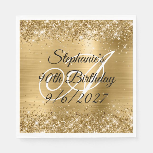 Faux Gold Glitter and Foil 90th Birthday Napkin (Front)