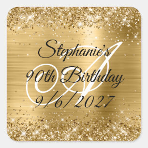 Faux Gold Glitter and Foil 90th Birthday Square Sticker