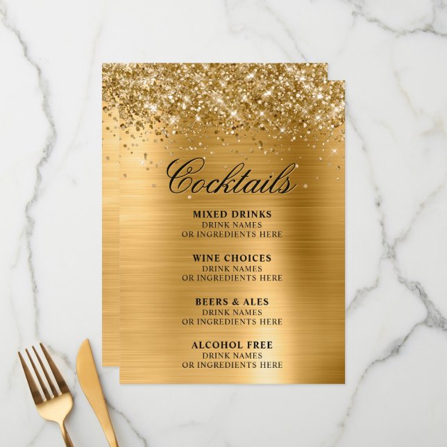 Faux Gold Glitter and Foil Cocktails Bar Menu (Front/Back In Situ)