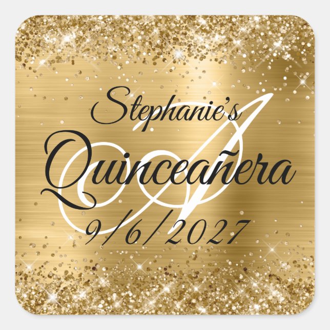 Faux Gold Glitter and Foil Quinceañera Square Sticker (Front)