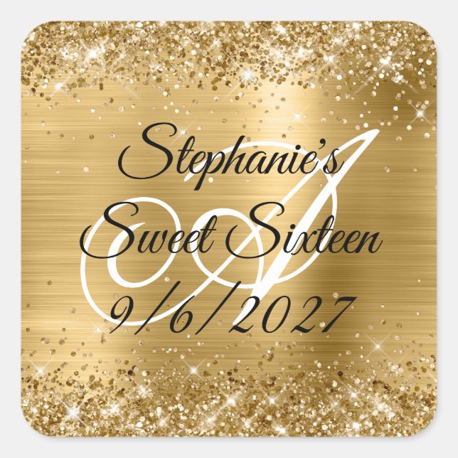 Faux Gold Glitter and Foil Sweet Sixteen Square Sticker (Front)