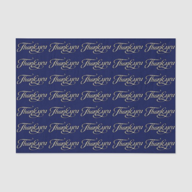 Faux Gold Glitter And Navy Blue Thank You Pattern Tissue Paper (Front)
