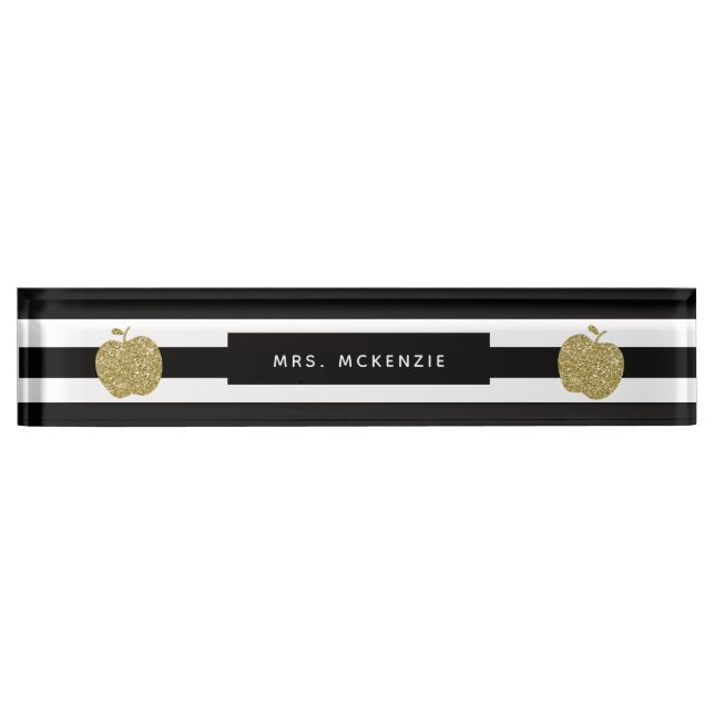 Faux Gold Glitter Apple | Teacher Desk Nameplate (Front)