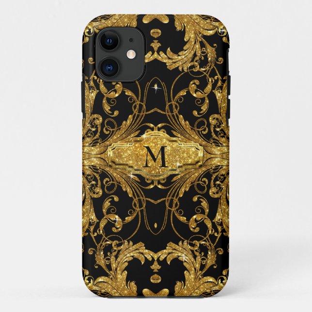 Faux Gold Glitter Art Nouveau Scroll Black Damask Case-Mate iPhone Case (Back)