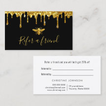faux gold glitter bee on black referral card