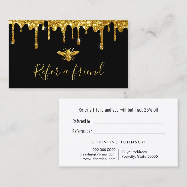faux gold glitter bee on black referral card (Front/Back)