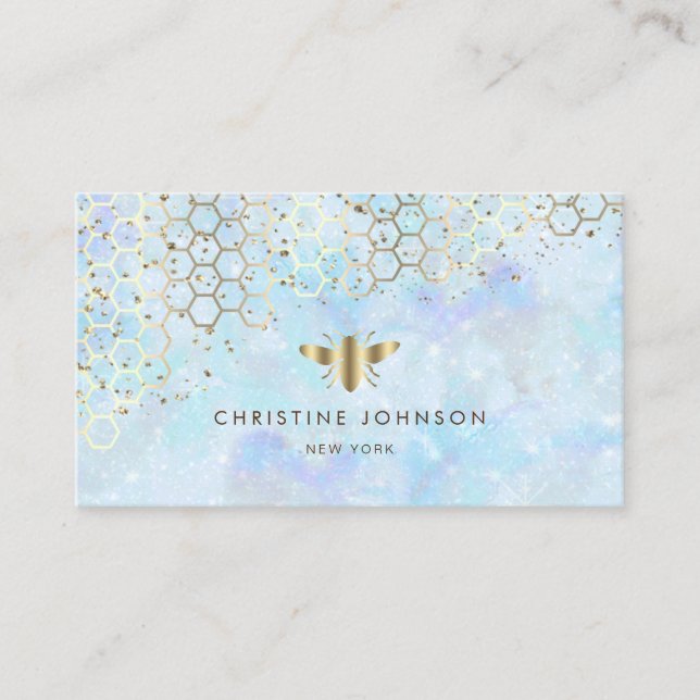 faux gold glitter bee on blue background business card (Front)