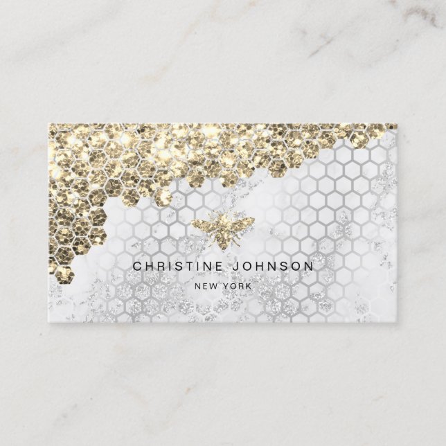 faux gold glitter bee on grey business card (Front)