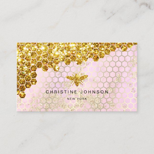 faux gold glitter bee on pink design business card (Front)