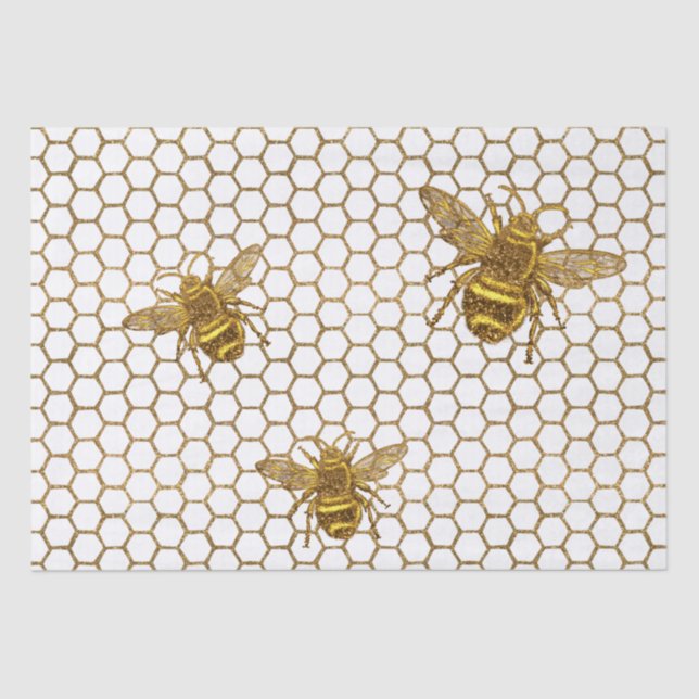 Faux Gold Glitter Bees Gold Hexagon Beehive Tissue Paper (Front)