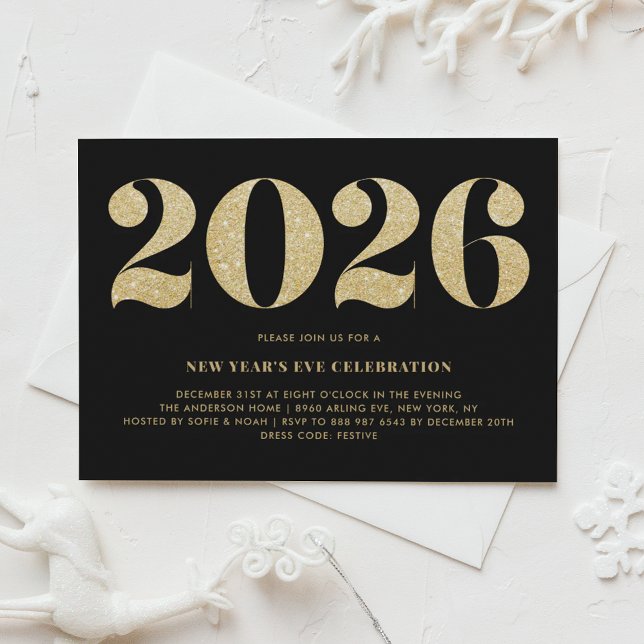 Faux Gold Glitter Black 2026 New Year's Eve Party Invitation (Customizable 2026 New Year's Eve party invitation featuring faux gold glitter on black background.)