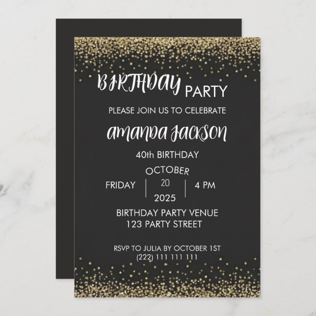 Faux Gold Glitter Black 40th Birthday Invitation (Front/Back)
