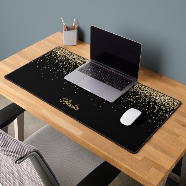 Faux Gold Glitter/Black Background/Your Name Desk Mat (Office 2)