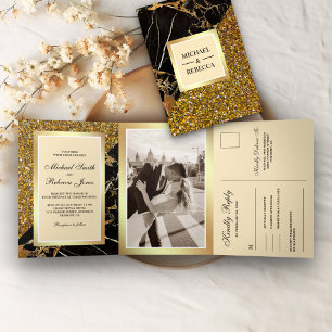Faux Gold Glitter Black Marble All in One Wedding Tri-Fold Invitation