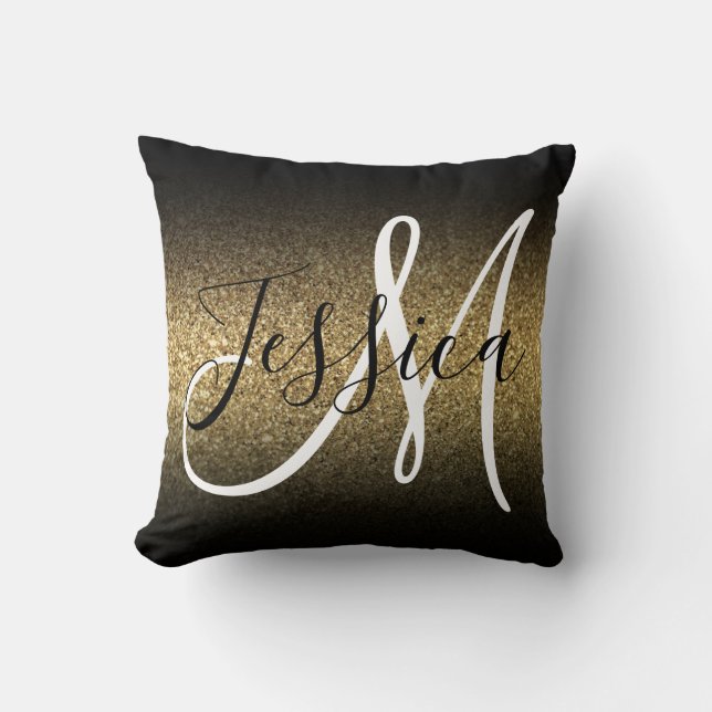 Faux Gold Glitter Black Ombre Monogram Cushion (Front)
