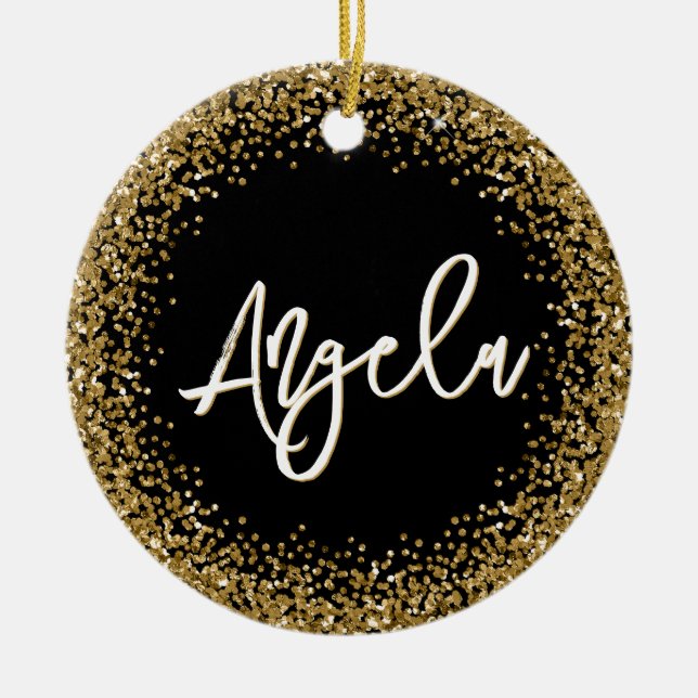 Faux Gold Glitter Black Photo Ceramic Tree Decoration (Front)