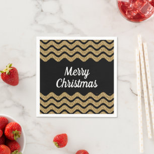 Faux Gold Glitter Black Stripes Christmas Napkin