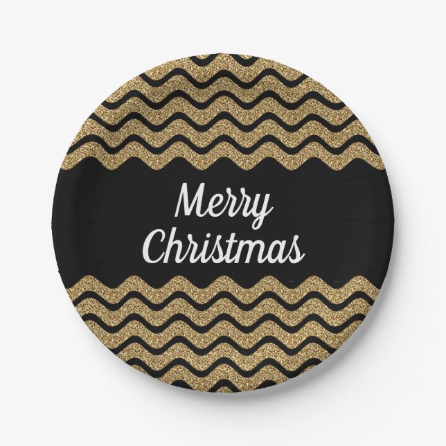 Faux Gold Glitter Black Stripes Christmas Paper Plate (Front)