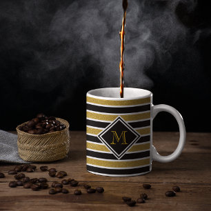 Faux Gold Glitter Black & White Stripes & Monogram Coffee Mug