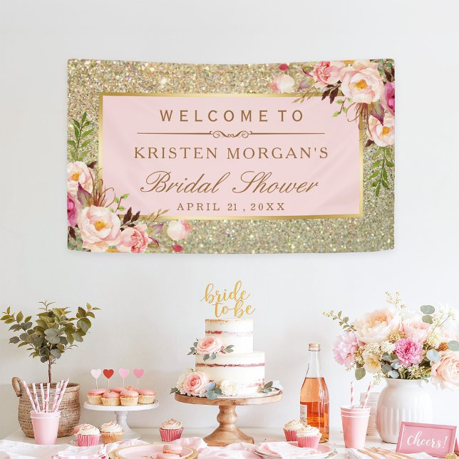 Faux Gold Glitter Blush Pink Floral Bridal Shower Banner (Creator Uploaded)