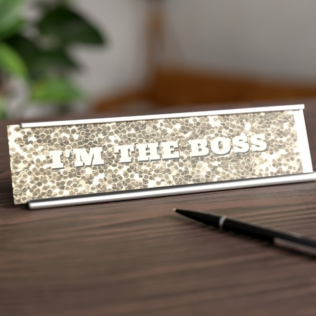 Faux Gold Glitter Boss Metal Desk Name Plate (Who's the Boss? You're the Boss! Perfect  faux gold glitter desk name plate just for you!)