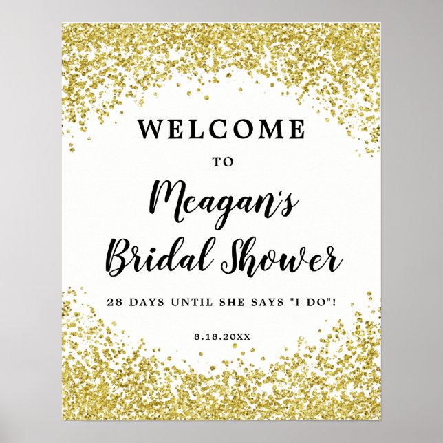 Faux gold glitter bridal shower welcome sign white (Front)