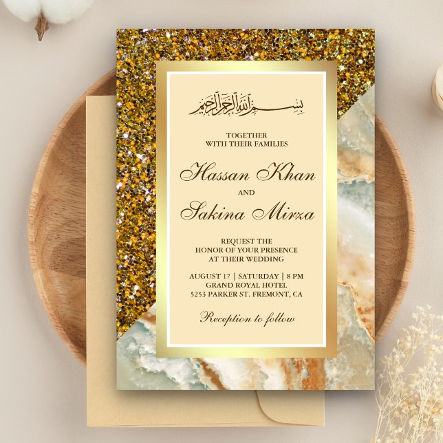Faux Gold Glitter Brown Marble Muslim Wedding Invitation (Creator Uploaded)