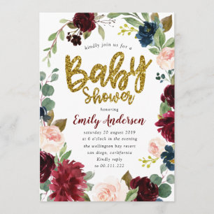 Faux Gold glitter burgundy floral baby shower Invitation