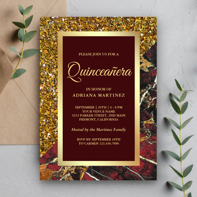 Faux Gold Glitter Burgundy Red Marble Quinceanera Invitation (Creator Uploaded)