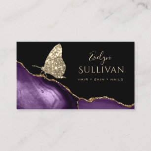 faux gold glitter butterfly and purple agate business card