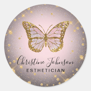 faux gold glitter butterfly classic round sticker